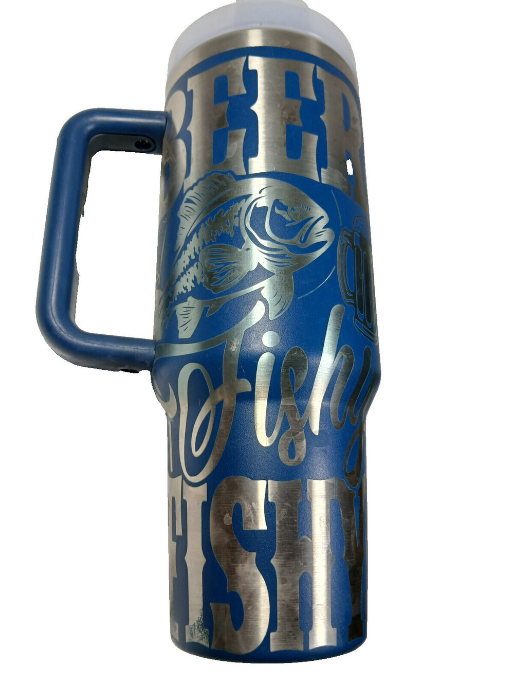 Fishing Tumbler Blue Engraved Beer Mug Fish 10.5" TALL Big Stainless Steel